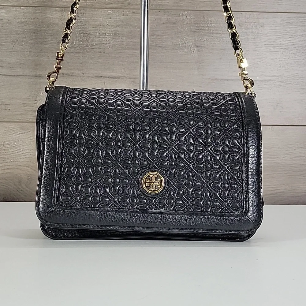 Tory Burch Black Quilted Leather Crossbody Bag with Gold Chain
